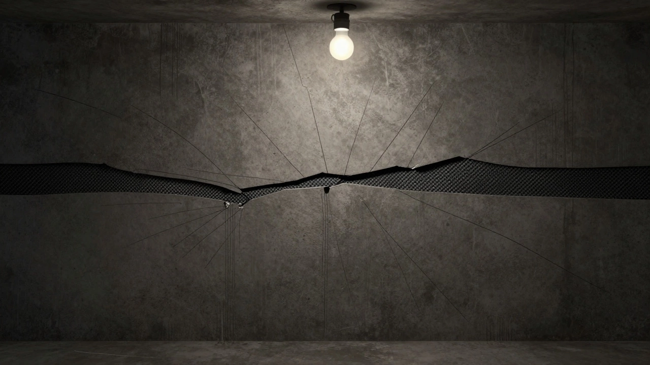 Horizontal structural crack in a basement wall reinforced with carbon fiber strips.