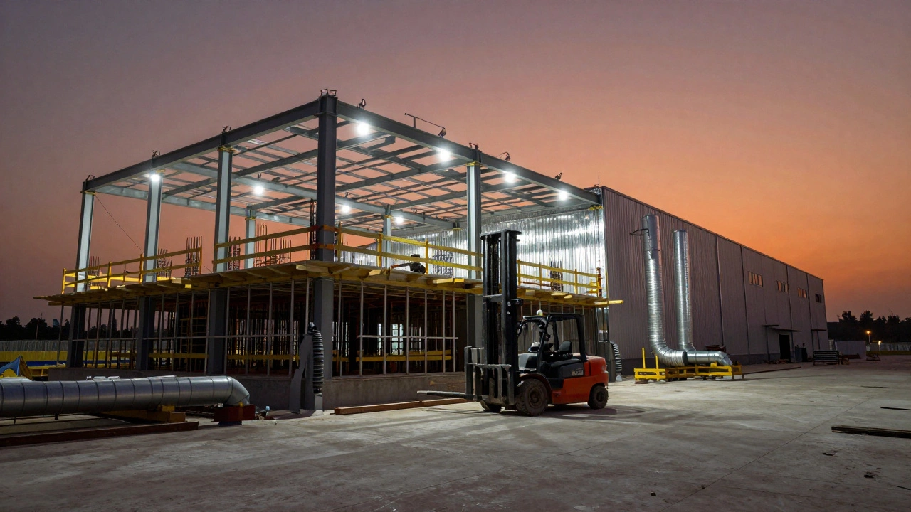 Industrial warehouse with reinforced concrete floor, steel frames, and high-bay lighting under build.