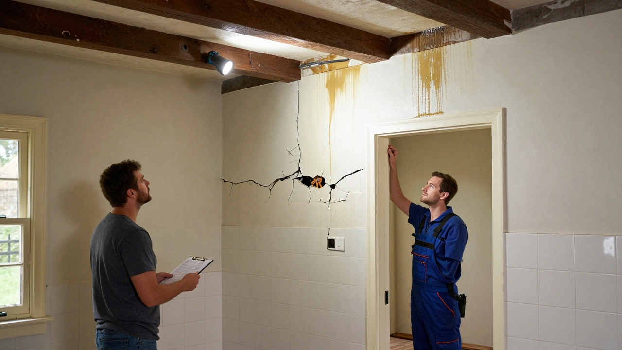 Interior of an aging home with visible damp patches and exposed wiring during inspection.