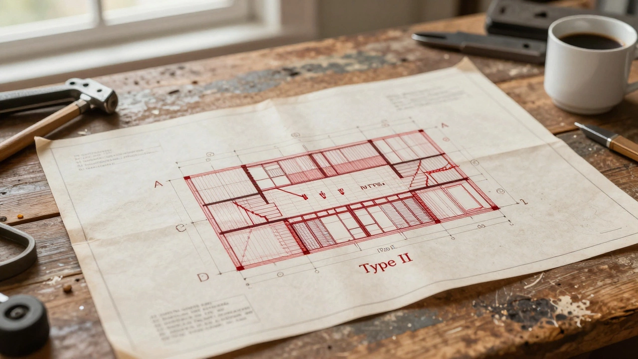 Old 1970s construction blueprint with outdated letter codes next to a modern diagram.