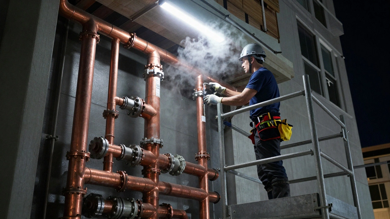Plumber inspecting complex water recycling system in a high-rise construction site.