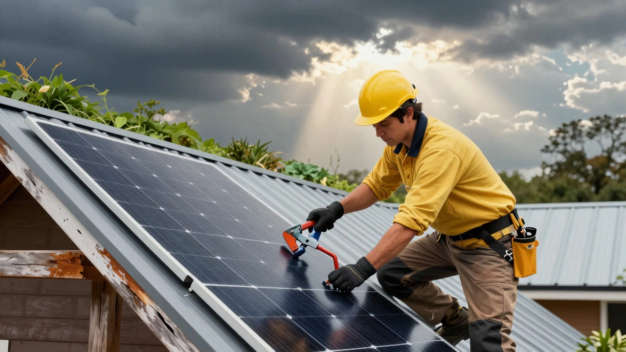 Roofing contractor installing solar-integrated metal roof on a retrofitted home.