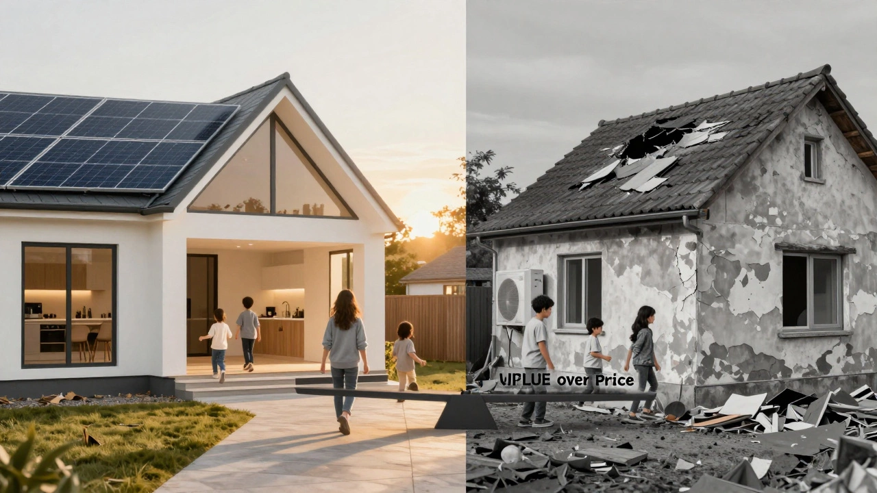 Split-image comparing a bright new home with a dim, outdated house, symbolizing cost vs value.