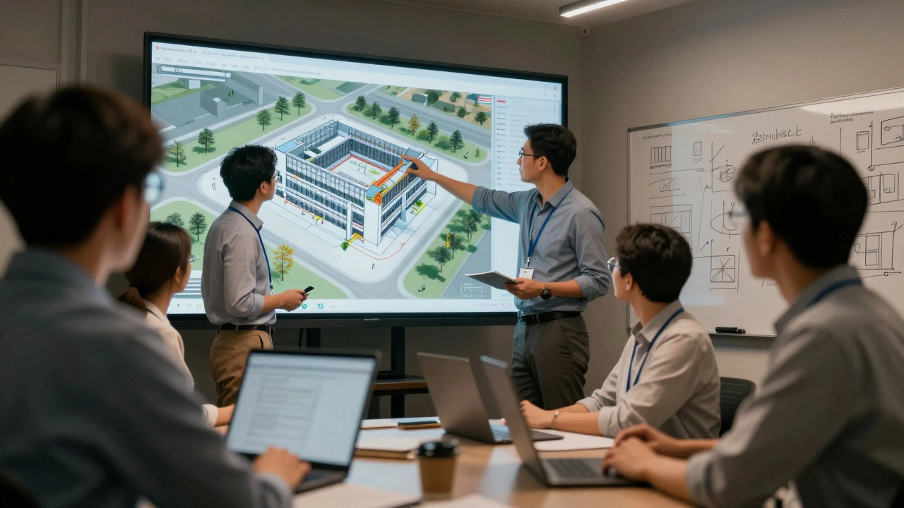 Team reviewing a 3D BIM model in a digital command center.