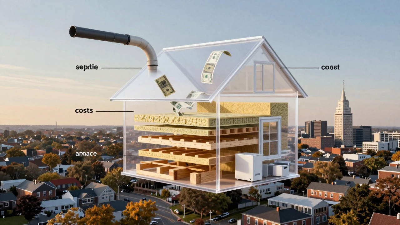 Transparent house cutaway showing hidden construction costs like septic systems and fees.