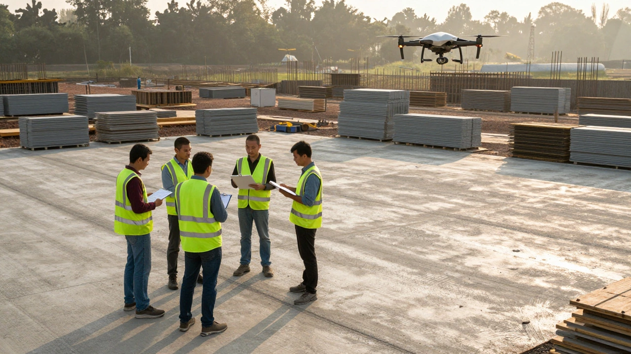 Workers holding daily huddle clipboards at a lean construction site at dawn.
