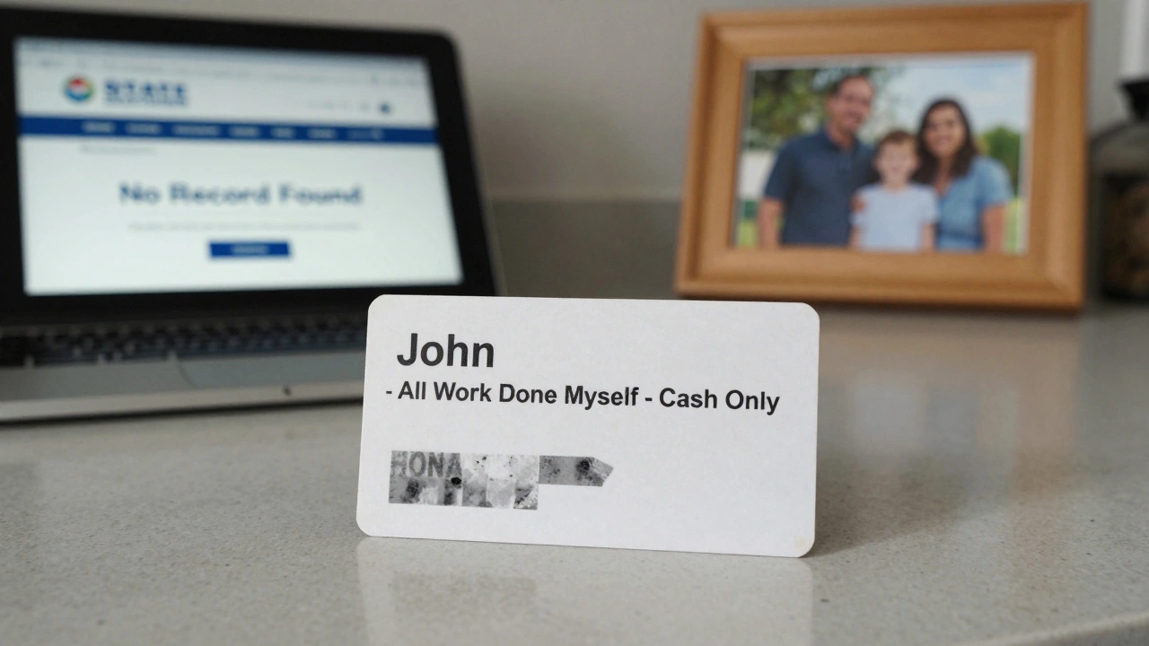 A faded 'cash only' business card next to a tablet showing no licensing record, symbolizing unverified contractors.