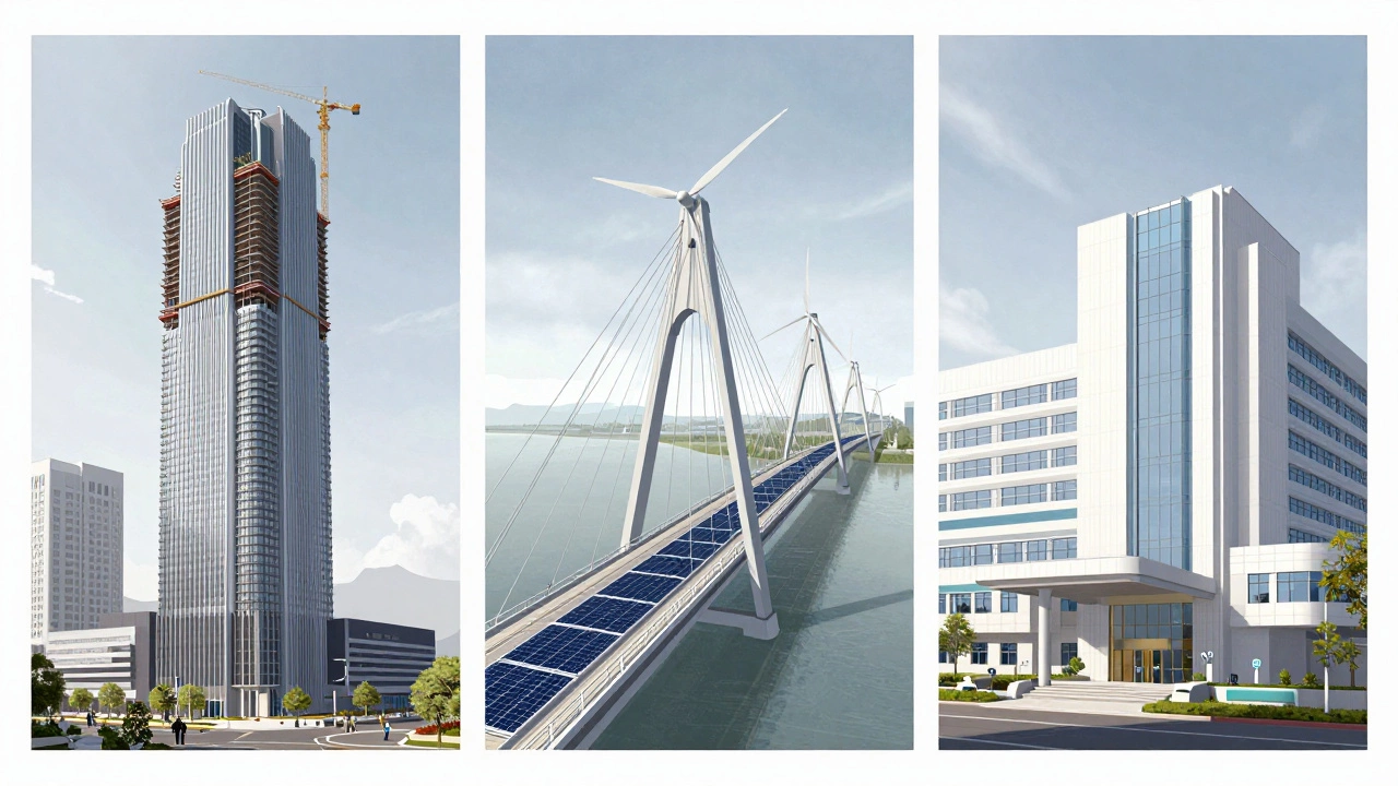 Commercial skyscraper, sustainable bridge, and hospital construction projects.