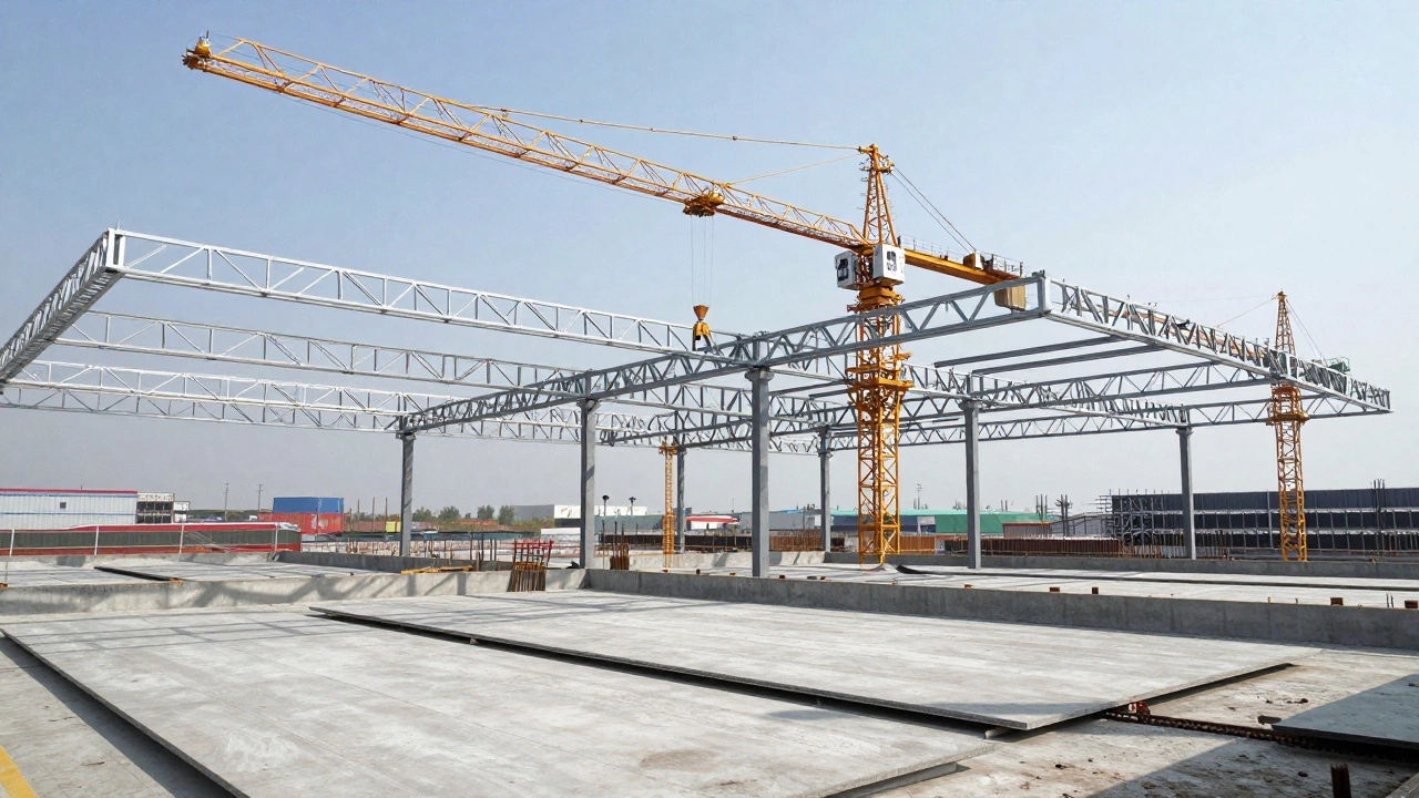 Construction site with cranes lifting steel trusses and pouring concrete foundation.
