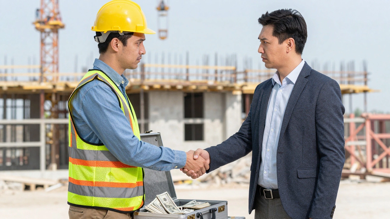 Contractor and client shaking hands over cash briefcase, client looks concerned.