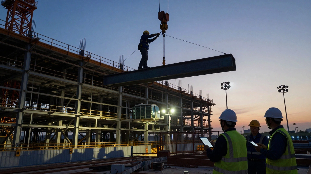 Crane operator guiding a steel beam into place on a hospital construction site at dusk.