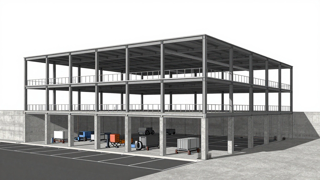 Cross-section of a commercial building showing concrete lower levels and steel upper frame.