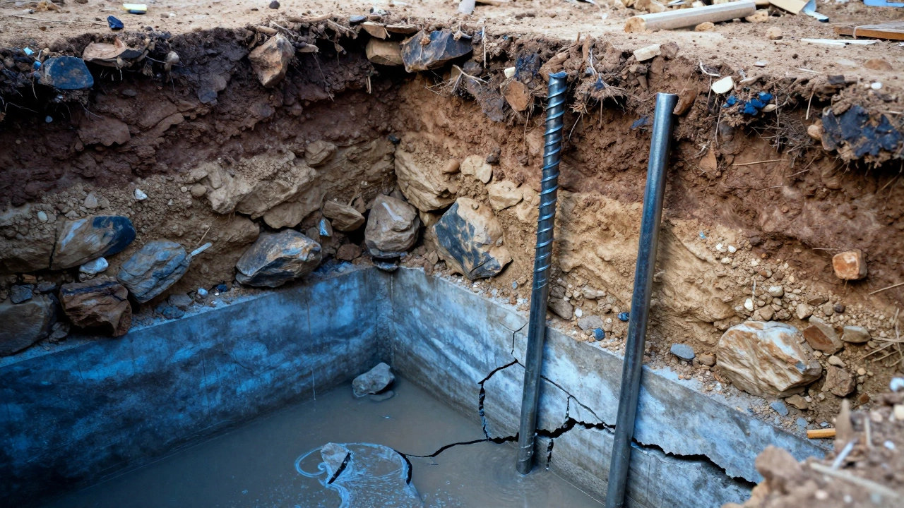Cross-section of soil layers and cracked foundation with steel piers being installed to provide support.
