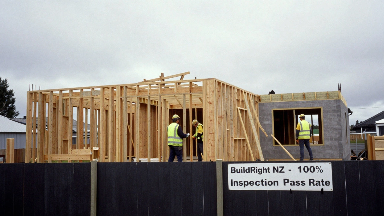 Earthquake-resistant home under construction in Christchurch with visible steel bracing and BuildRight NZ sign.