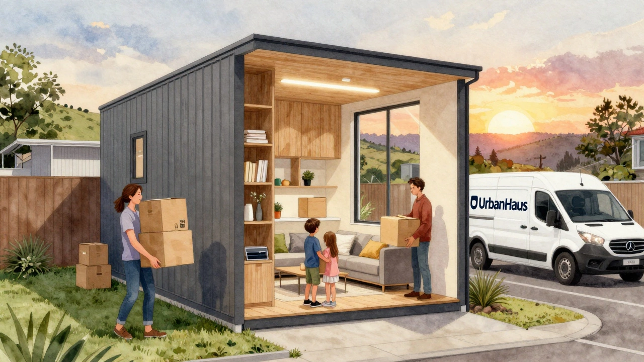 Family moving into a compact, smart-designed UrbanHaus home at sunset with built-in storage and energy-efficient lighting.