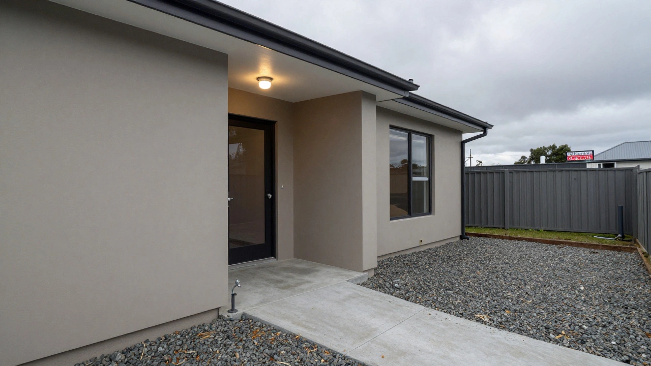 Outdoor view of a new build property with concrete path, gravel yard, and no fencing or landscaping.