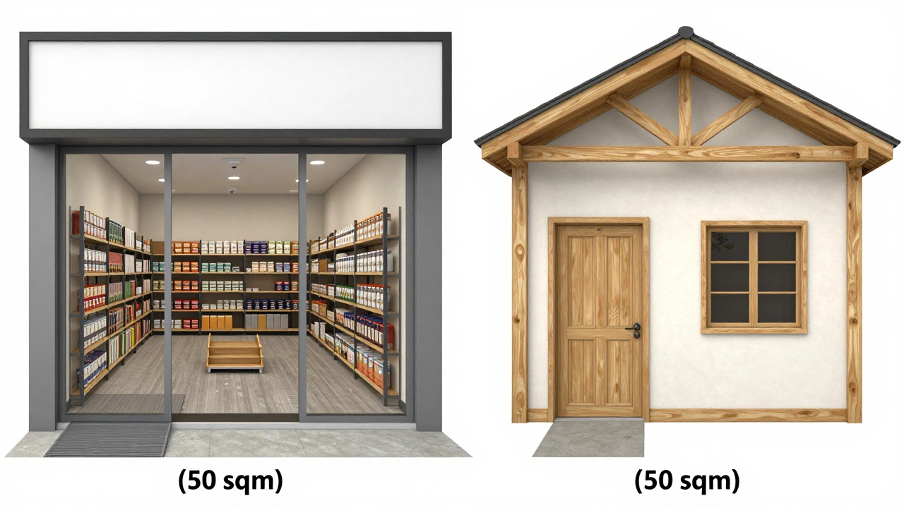 Side-by-side comparison of a small commercial shop and a house, highlighting different safety features like ramps, exits, and sprinklers.