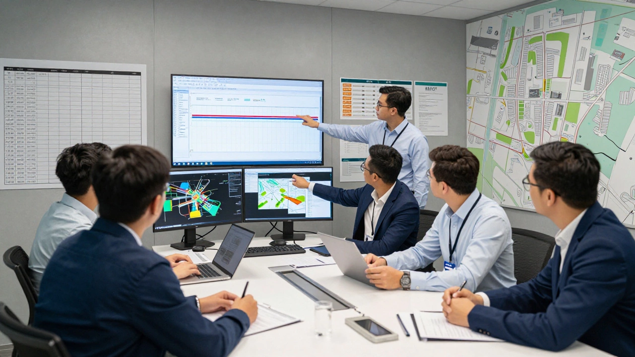Team of construction professionals reviewing 3D building models in a project control room.