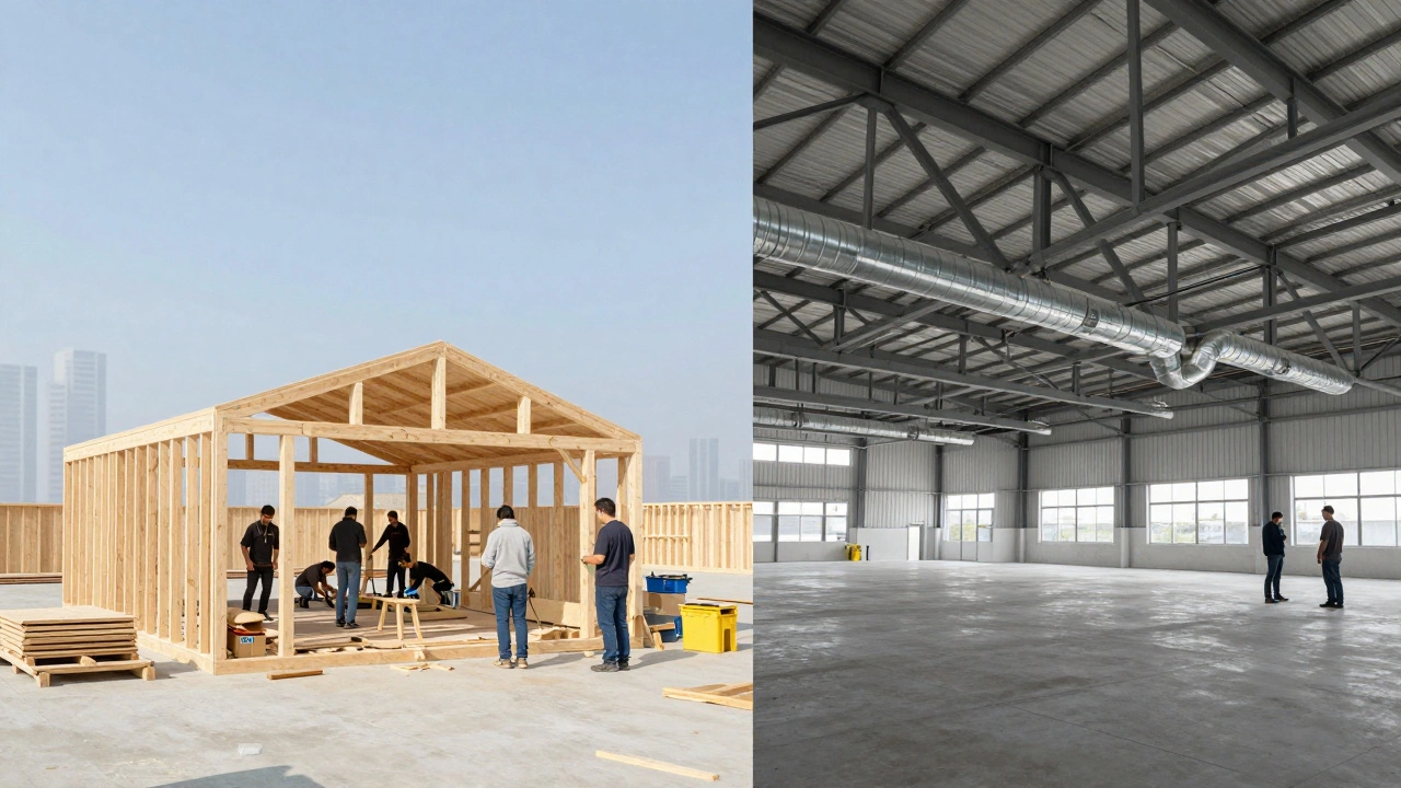 Volunteers building a community hall versus inspectors checking a converted warehouse, illustrating non-commercial and commercial construction.