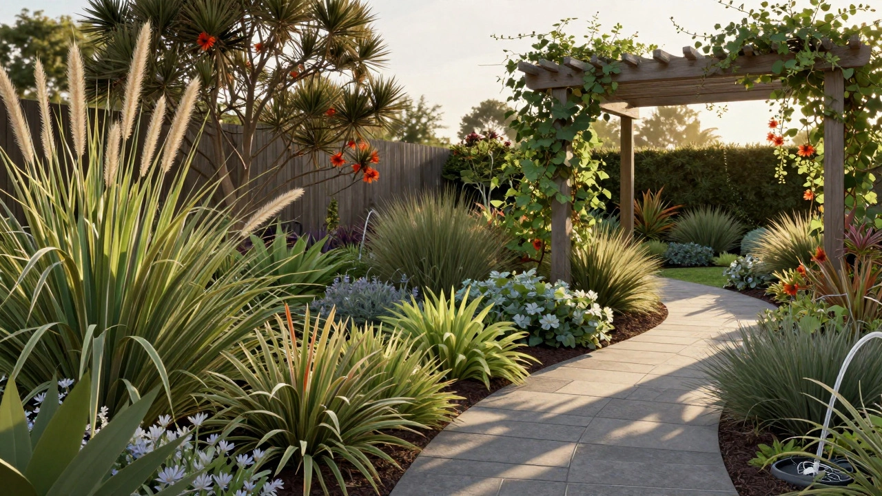 A beautifully designed garden with native plants, stone pathways, and a wooden pergola in golden sunlight.
