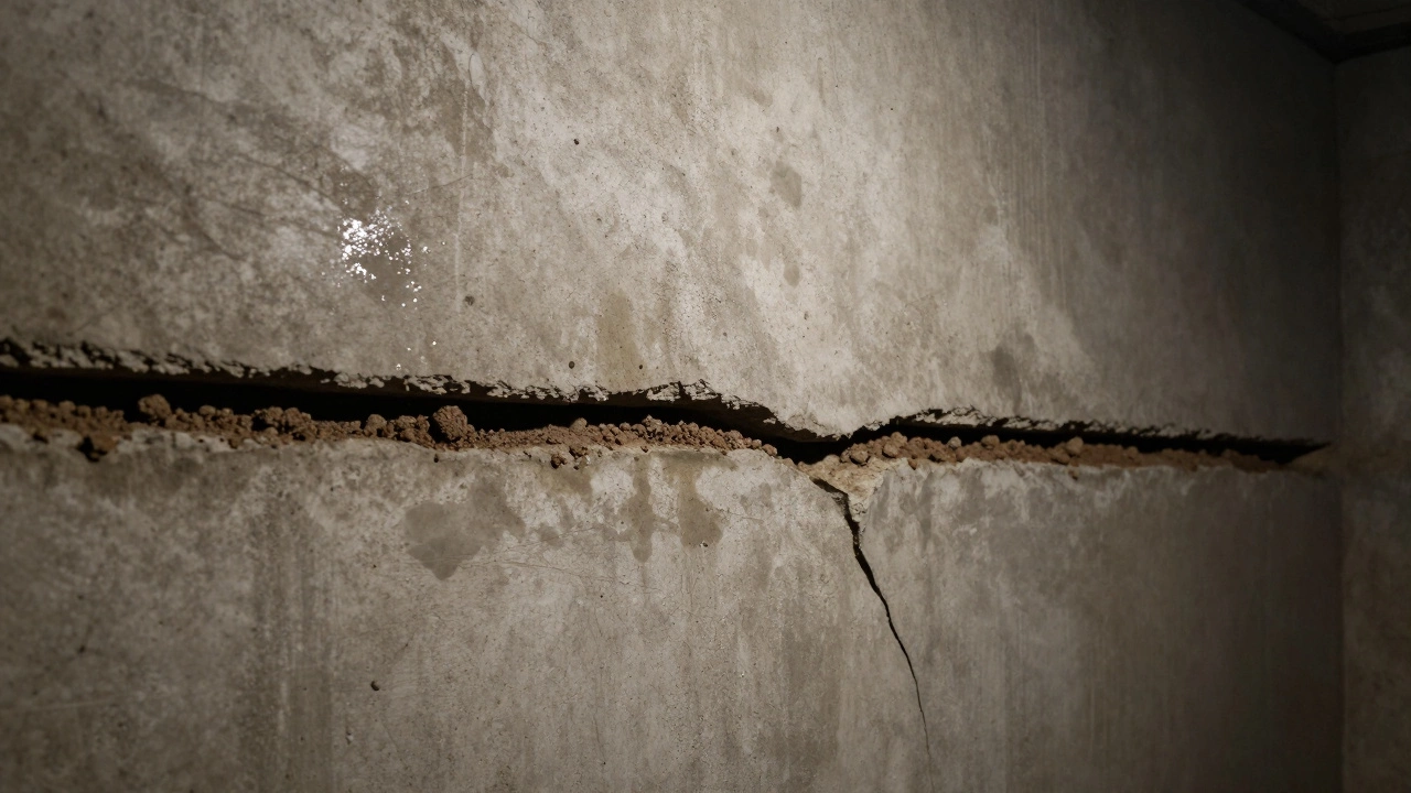 A bowing basement wall with a wide horizontal crack and signs of soil pressure and moisture damage.