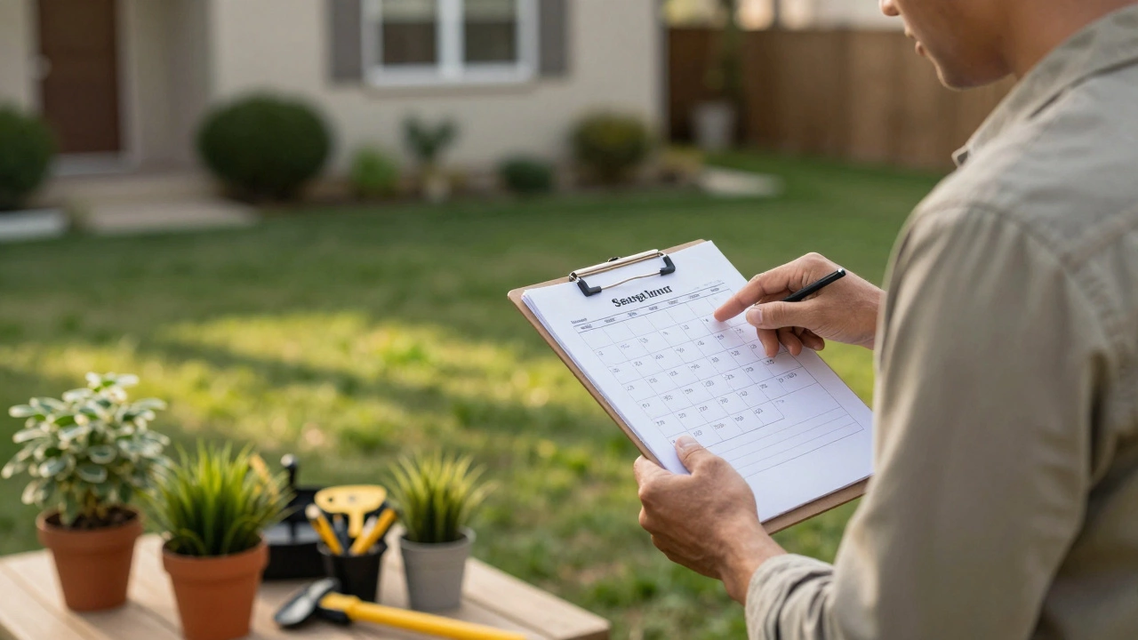 A homeowner and landscaper reviewing a written estimate beside a tidy garden, with seasonal pricing calendar visible.
