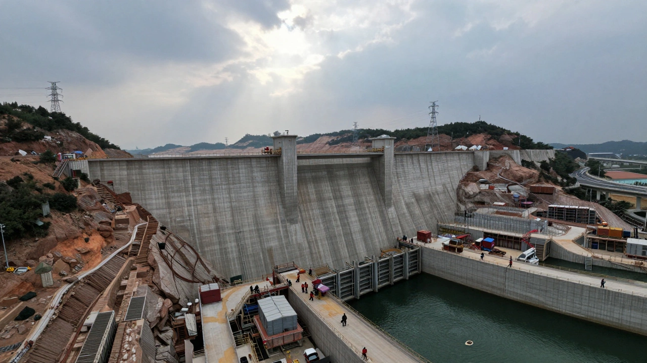 A large dam under construction with workers on platforms and water channels carved into bedrock.