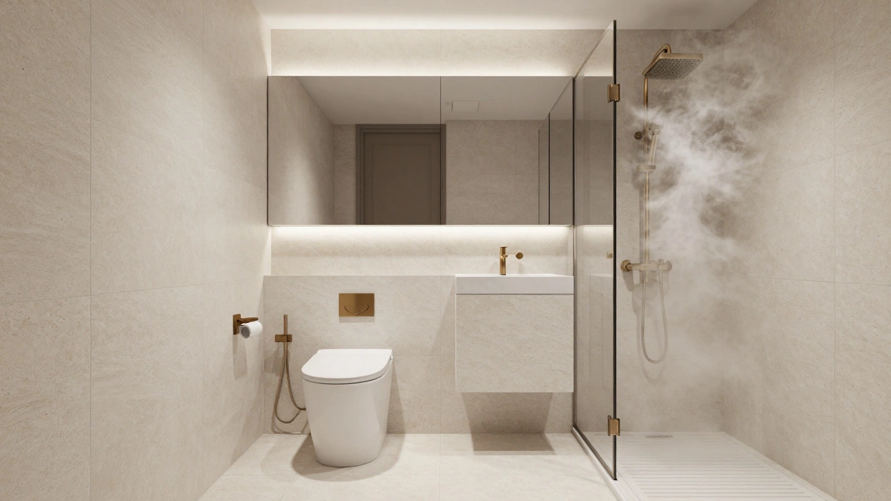 A luxury small bathroom with natural stone tiles, underfloor heating, smart toilet, and recessed LED lighting.