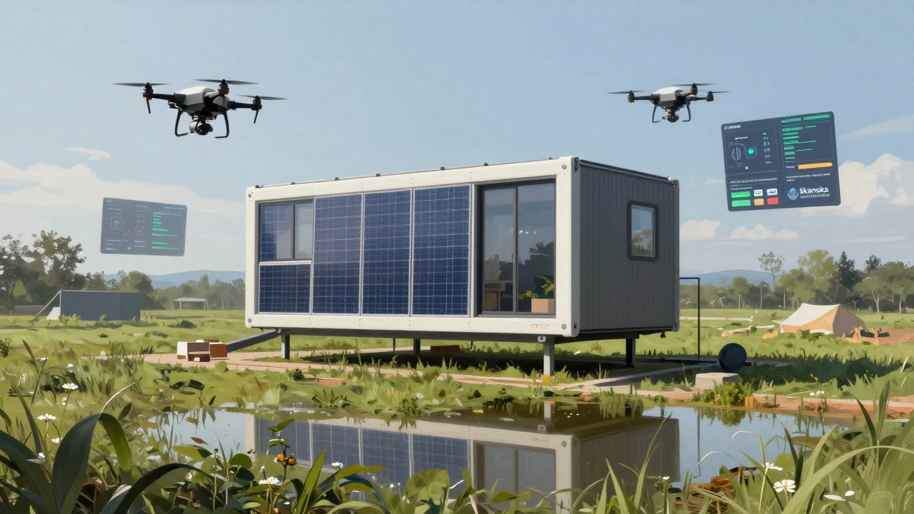 A modern modular home rising with drones and digital interfaces, representing sustainable, tech-driven construction innovation.