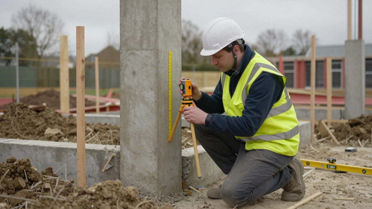A structural engineer inspecting exposed foundation footings with measurement tools.