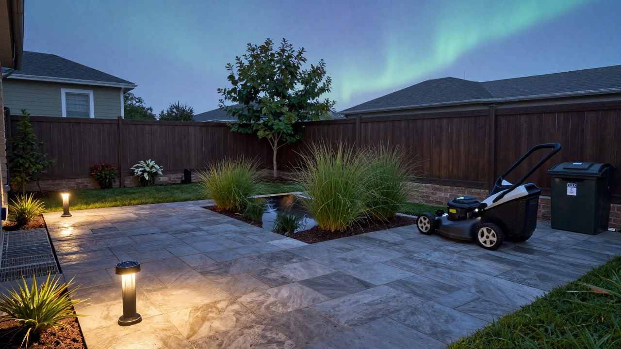 An eco-conscious backyard with permeable patio, solar lights, and a rain garden under twilight sky.