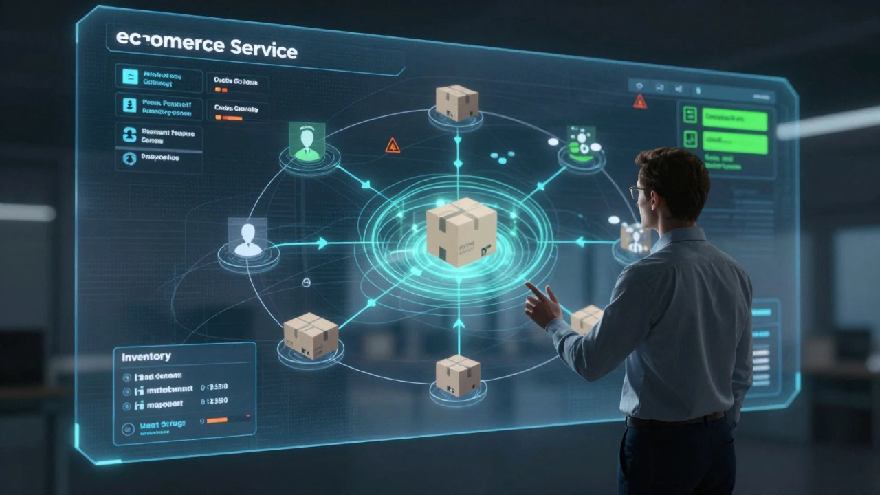 Architect interacting with a holographic e-commerce service flow model.