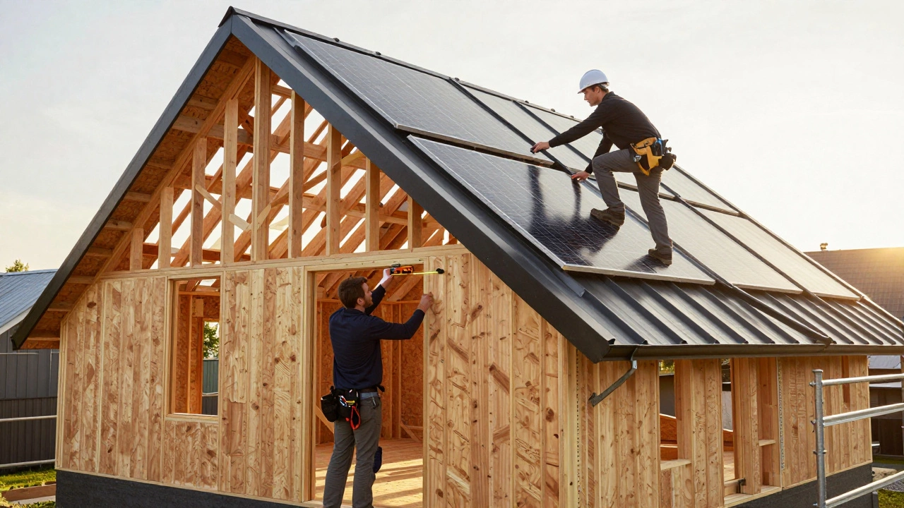 Carpenter and roofer working together on a timber-framed house with solar roof panels.