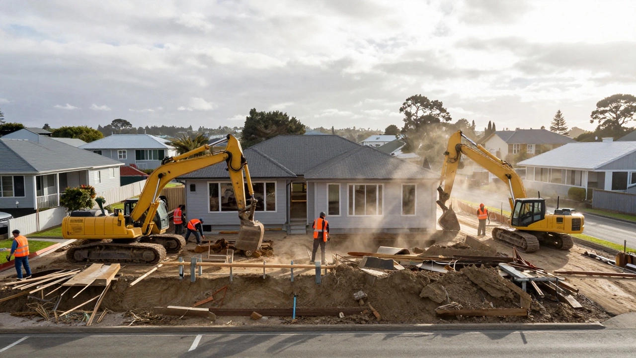 Construction crew performing foundation underpinning work