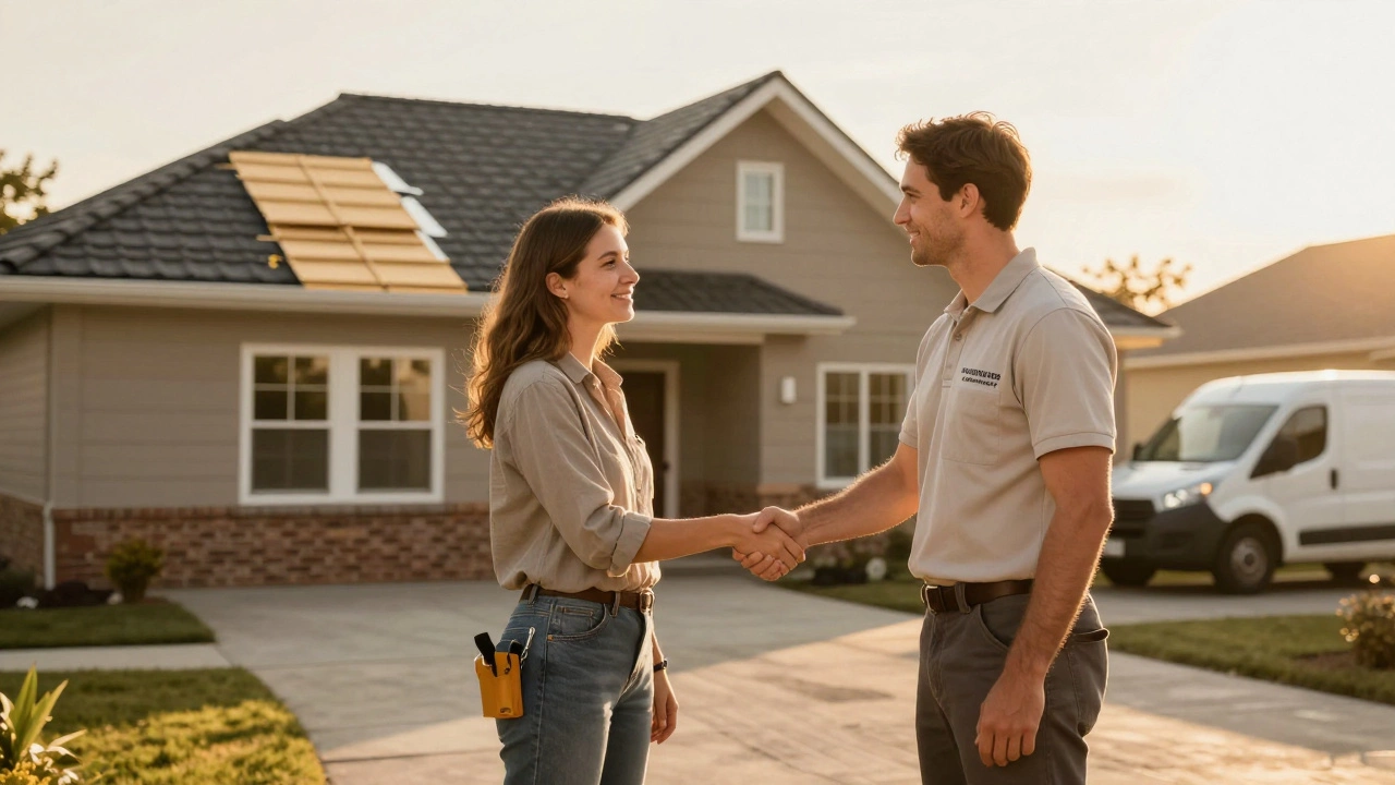 Contractor and homeowner shaking hands in front of new roof.
