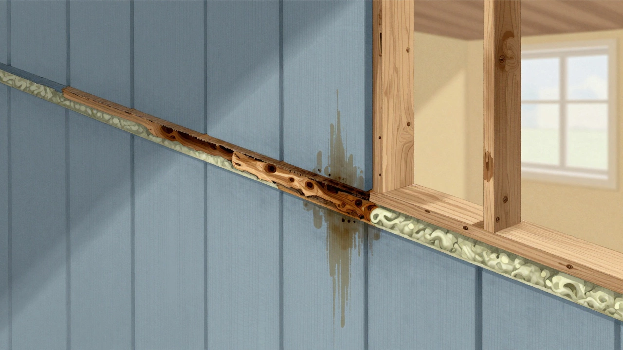 Cross-section revealing hidden water damage inside walls