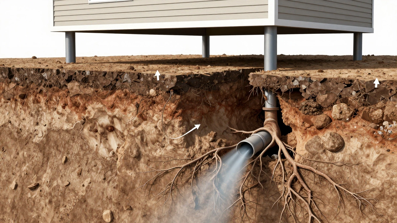 Cross-section view showing soil erosion beneath a home and steel piers stabilizing the foundation against clay shrinkage.