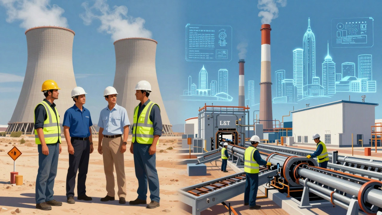 Engineers inspecting a nuclear plant in the desert while workers operate steel fabrication lines in India, symbolizing global expertise.