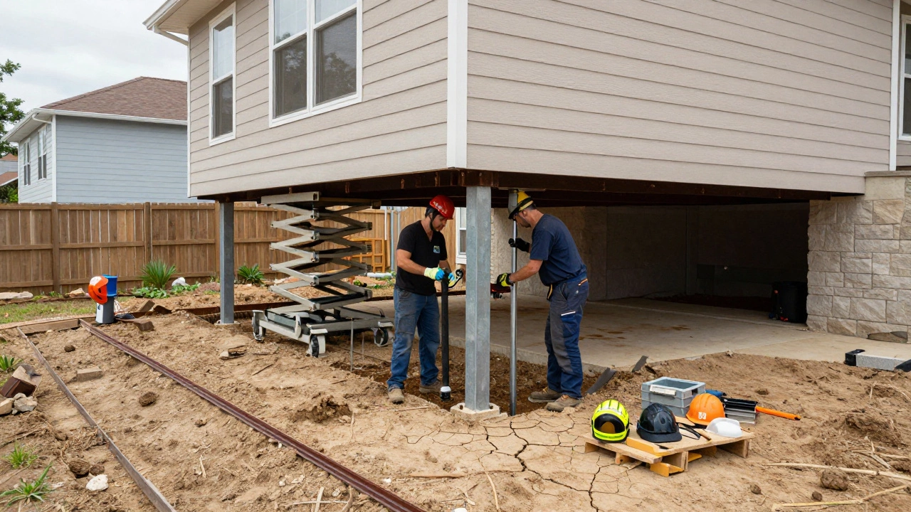 Foundation repair crew installing steel piers to lift a settled home, with French drain being installed nearby.