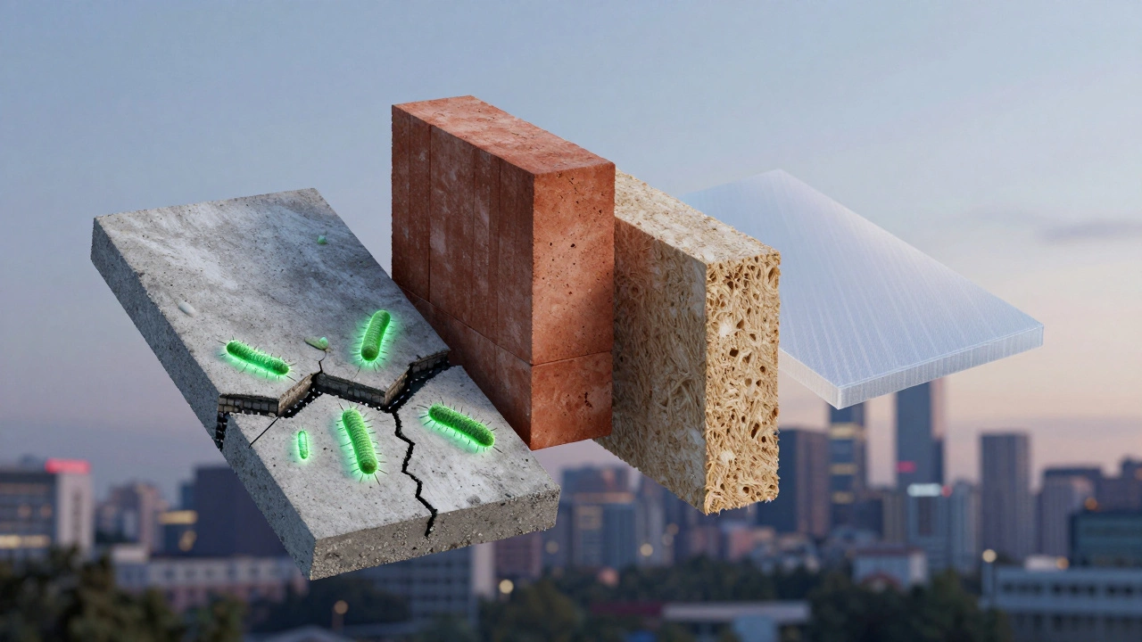 Futuristic building materials: carbon-negative concrete, recycled plastic brick, and aerogel insulation.