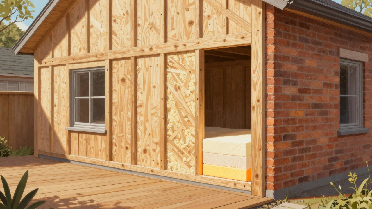 Hybrid home showing timber frame, brick cladding, and foam insulation layers in warm sunlight.