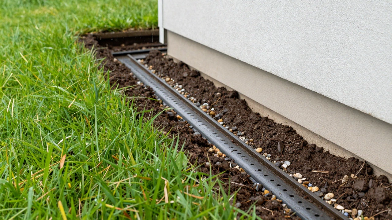 Landscaped yard with gravel drainage slope directing water away from house foundation.