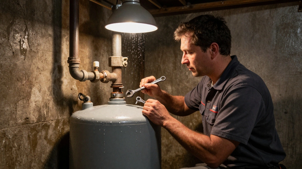 Plumber repairing a leaking hot water cylinder in an old basement with worn pipes.