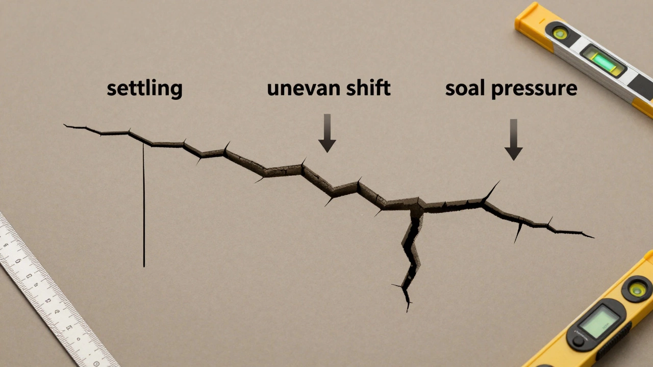 Three types of foundation cracks illustrated with indicators showing stable versus dangerous movement.