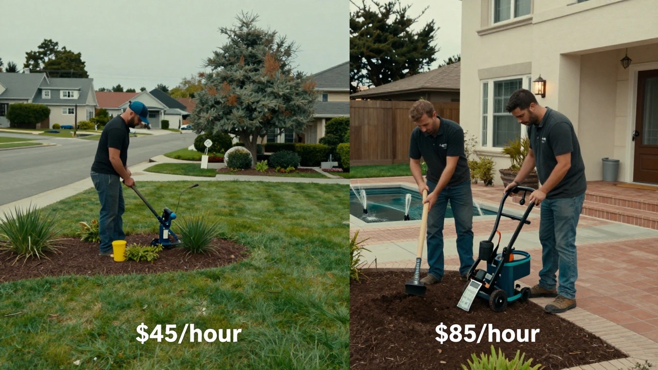 Two contrasting scenes: a basic yard job in a rural area versus a high-end landscaping project in a city.