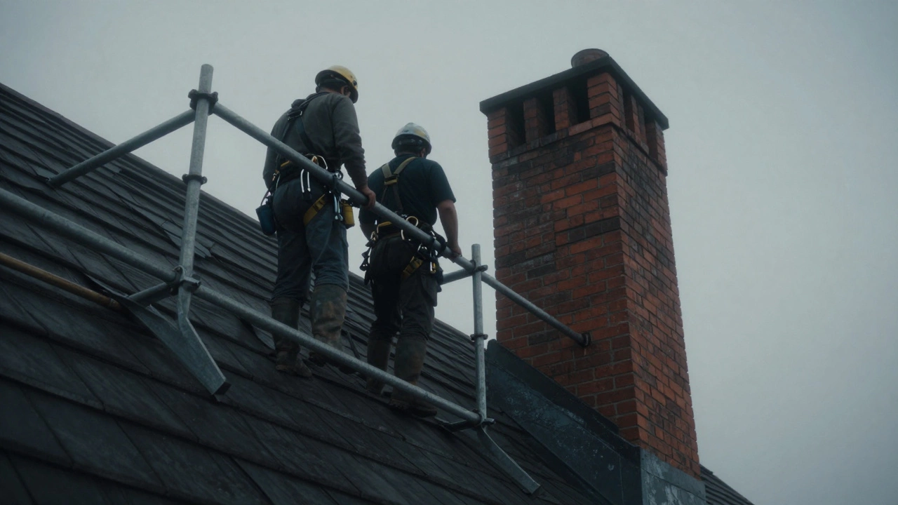 Workers on scaffolding near chimney on steep roof slope.