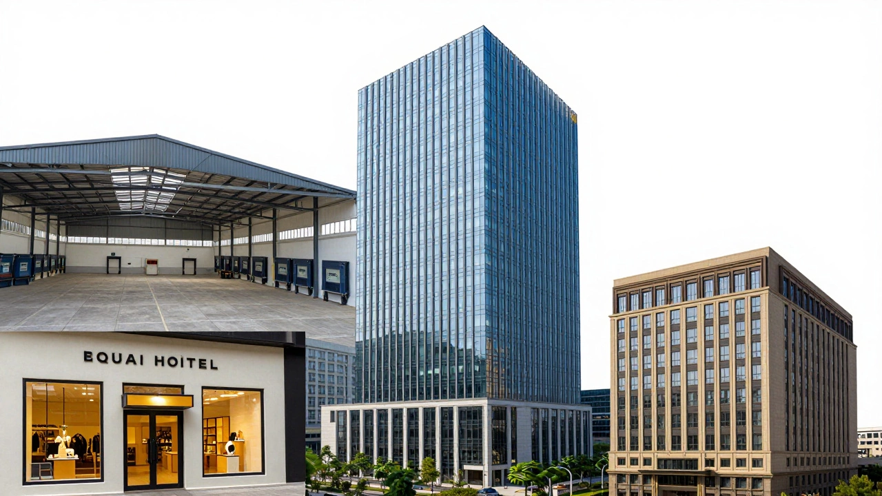 A collection of different commercial buildings including an office tower, warehouse, and retail store.