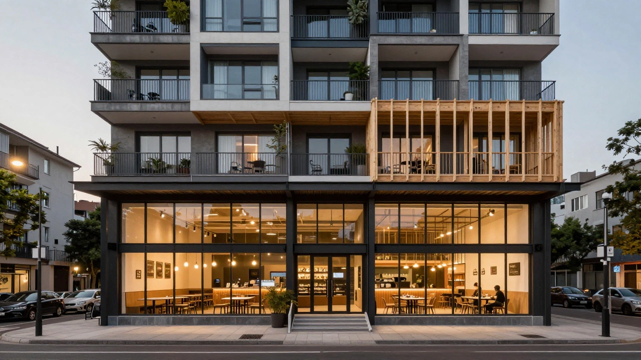 A cross-section of a mixed-use building with a cafe on the ground floor and apartments above.