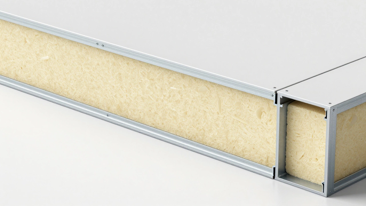 A detailed cross-section of a wall showing SIPs insulation and light-gauge steel framing.