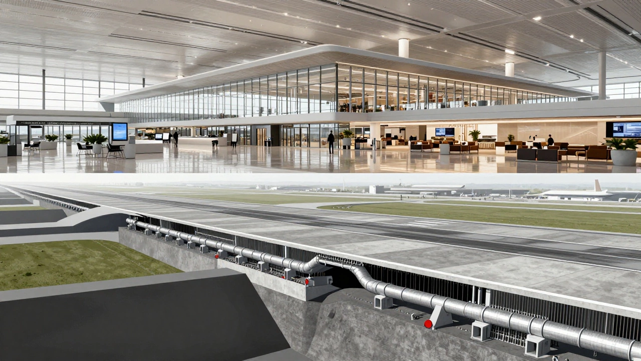 A diagram showing an airport terminal building and its underlying runway infrastructure.